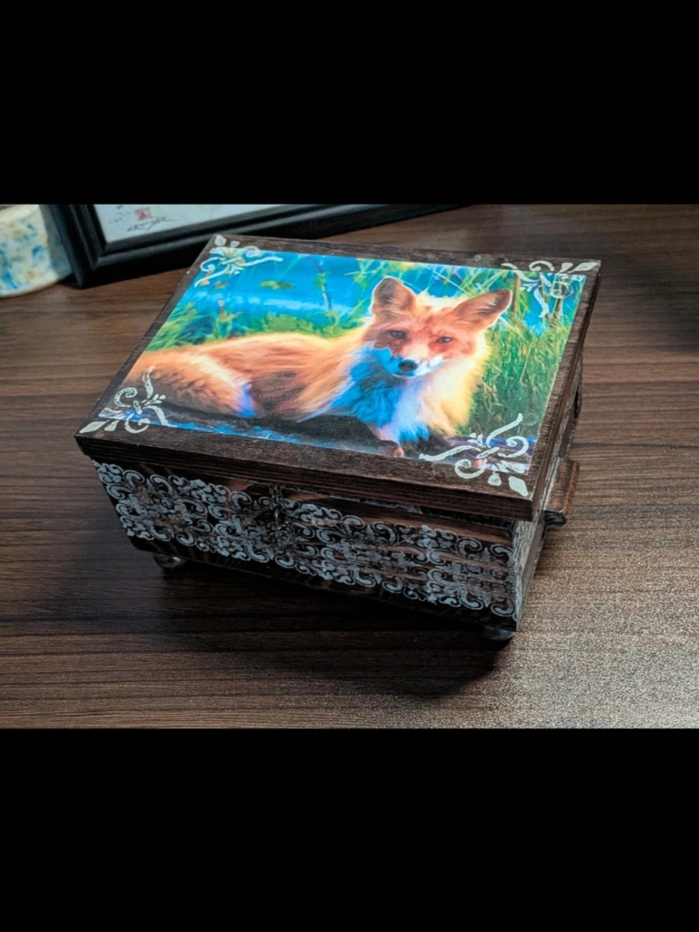 Fox Motif Wooden Keepsake Box in Brown and Blue